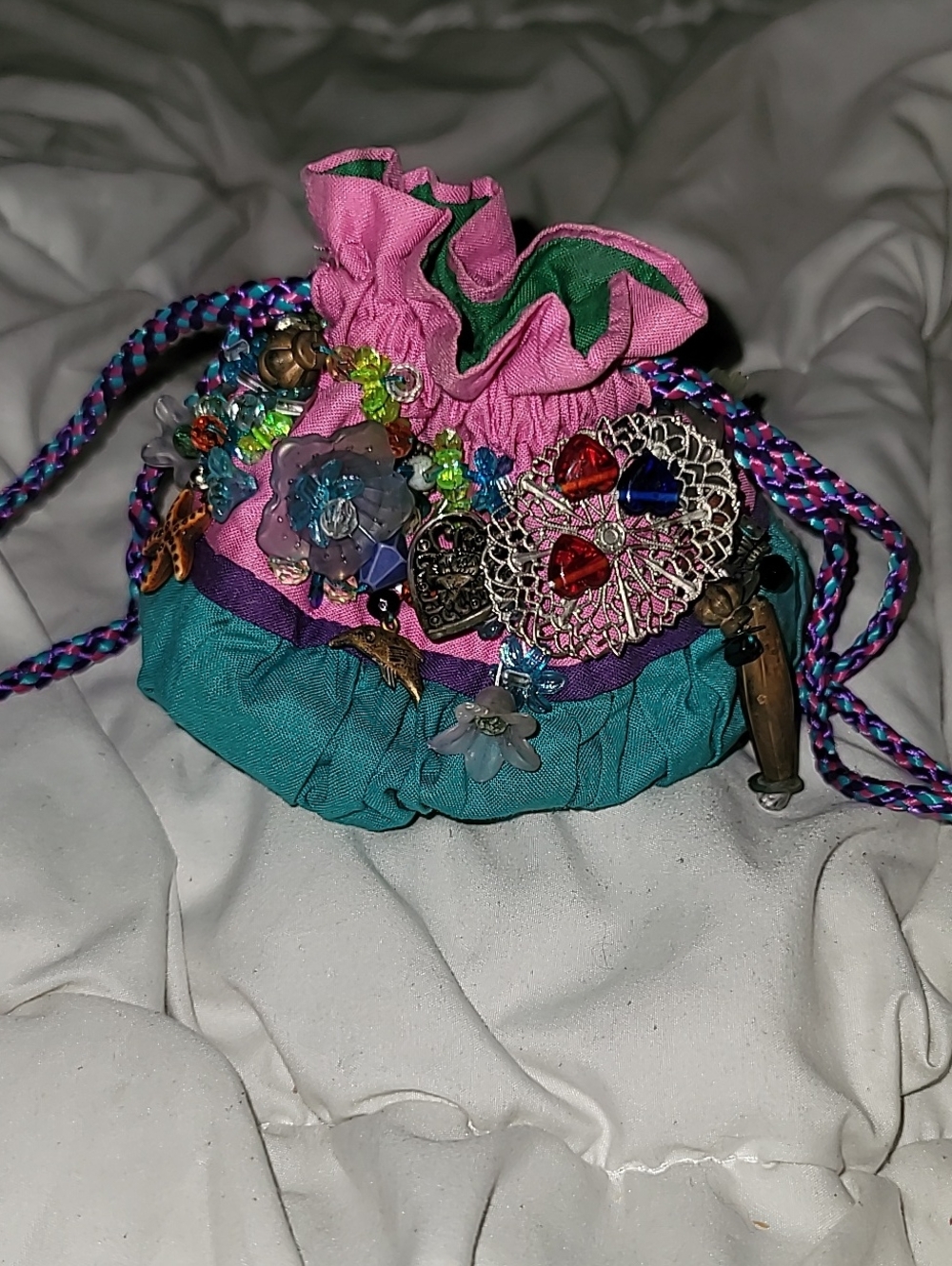 Colorful Beaded Drawstring Pouch - Pink & Teal